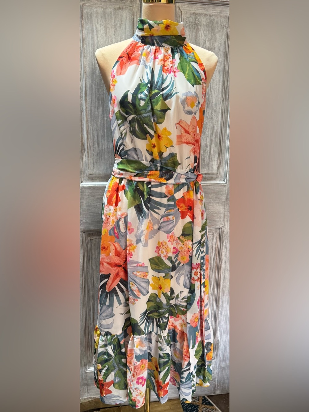 New Eliza J Tropical Floral Chiffon Halter Midi Dress (Size 12) MSRP: $148.00